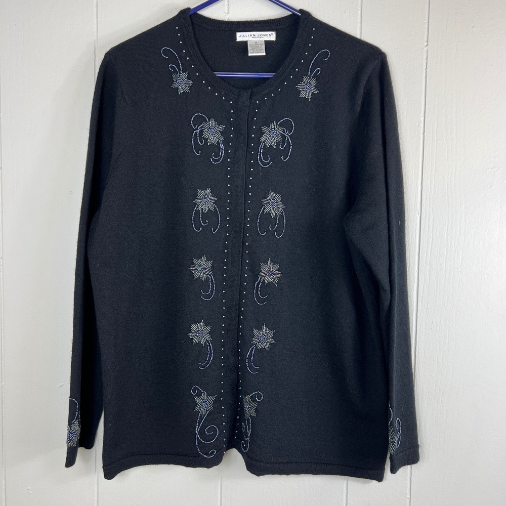 Vintage Jillian Jones‎ Wool Blend Beaded Cardigan Sweater Black Embellished 1X